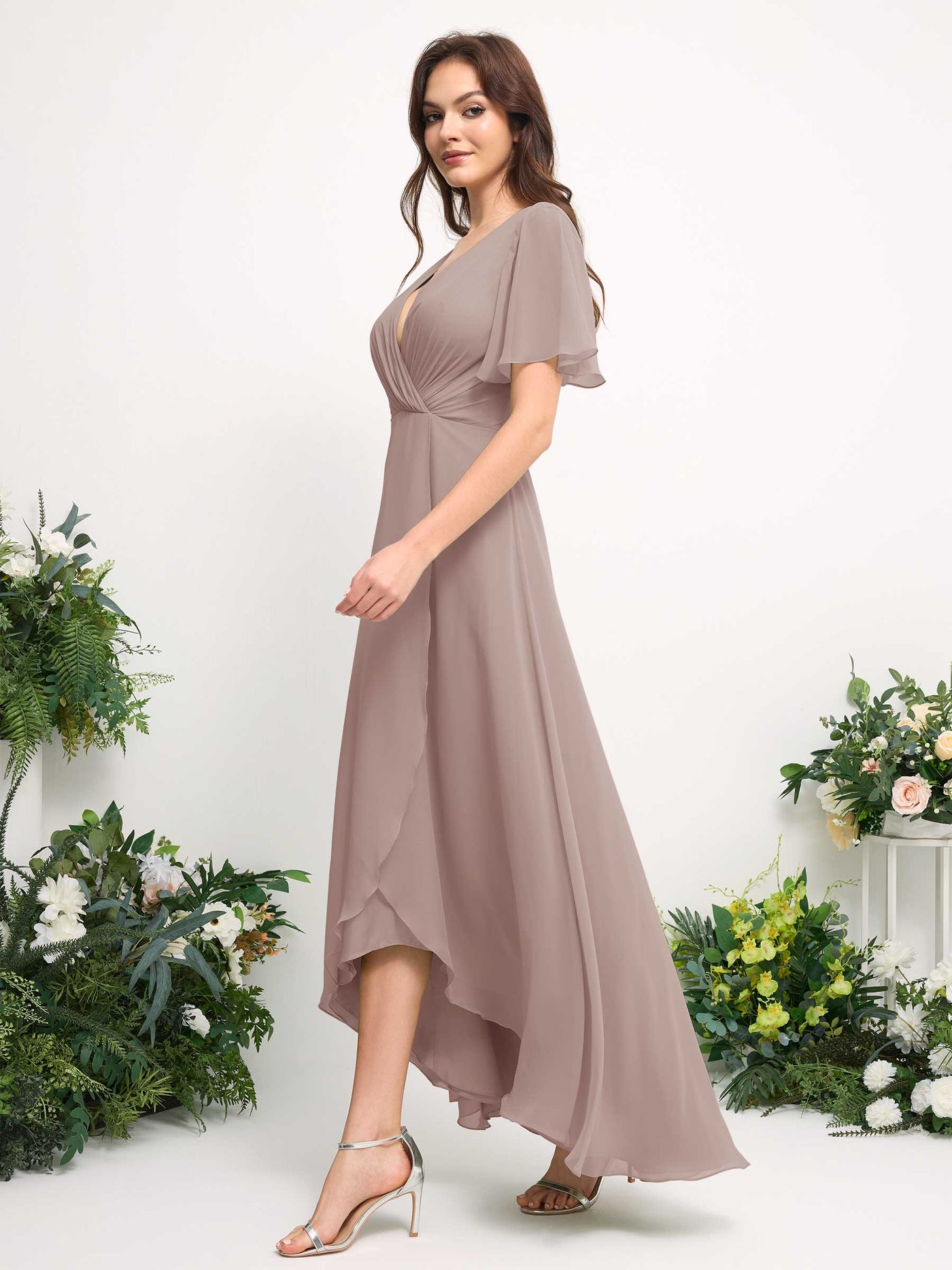 A-Line Asymmetric Chiffon Maxi Dress | V-Neck Short Sleeve Bridesmaid & Wedding Guest Dress #color_taupe