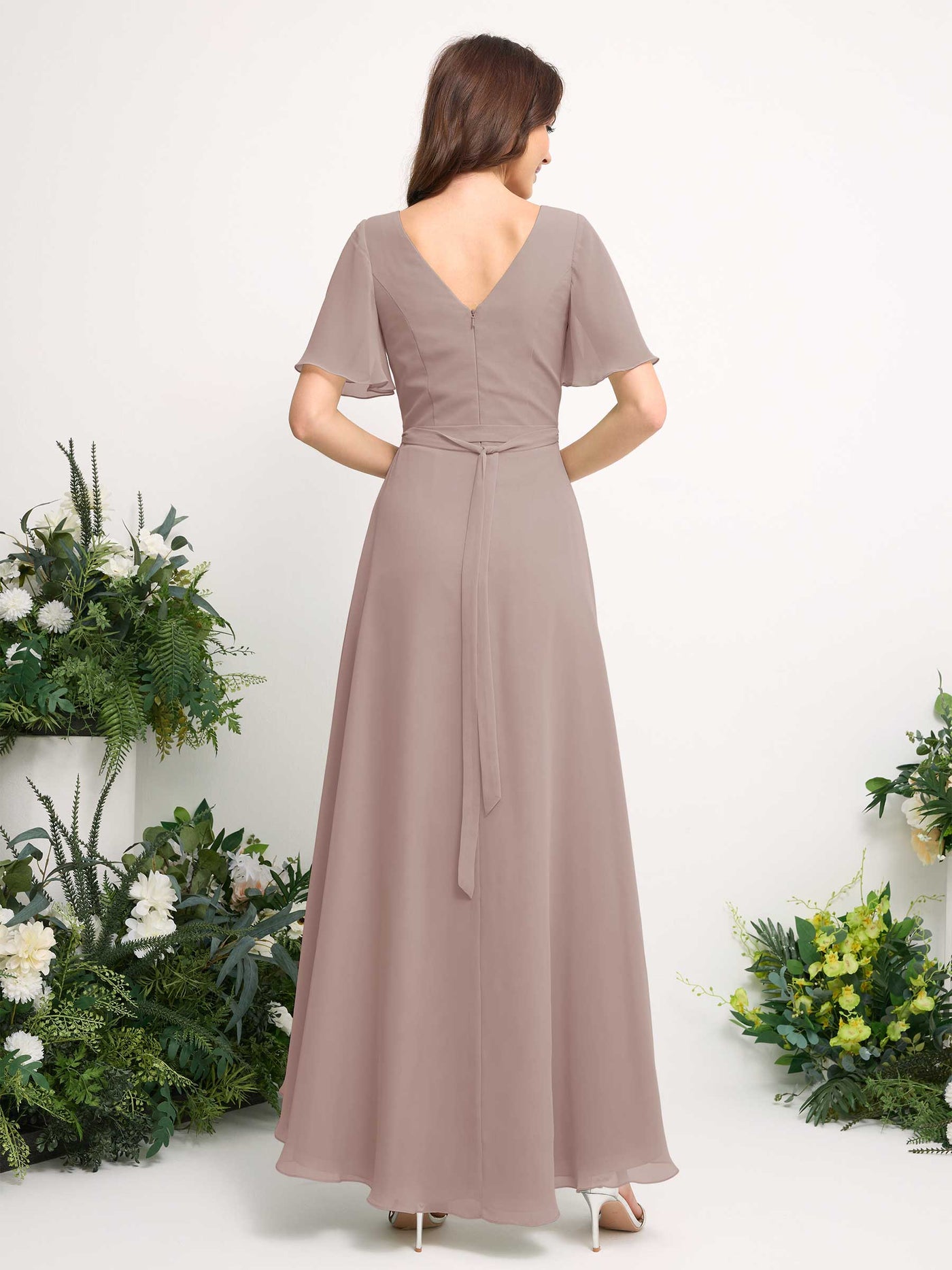 A-Line Asymmetric Chiffon Maxi Dress | V-Neck Short Sleeve Bridesmaid & Wedding Guest Dress #color_taupe