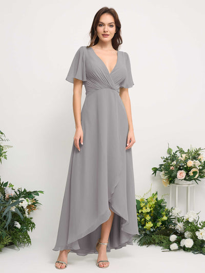 A-Line Asymmetric Chiffon Maxi Dress | V-Neck Short Sleeve Bridesmaid & Wedding Guest Dress #color_dove