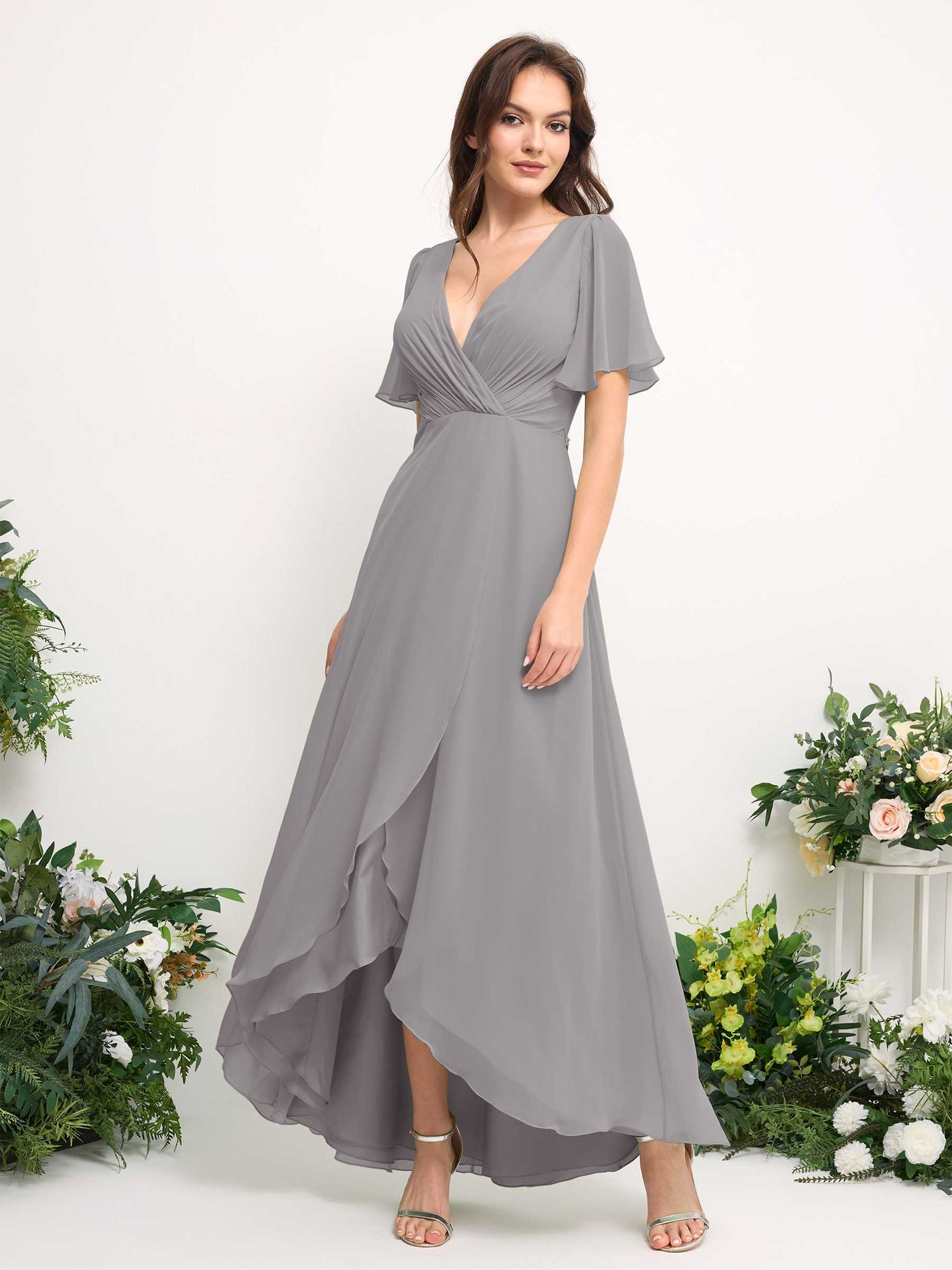 A-Line Asymmetric Chiffon Maxi Dress | V-Neck Short Sleeve Bridesmaid & Wedding Guest Dress #color_dove