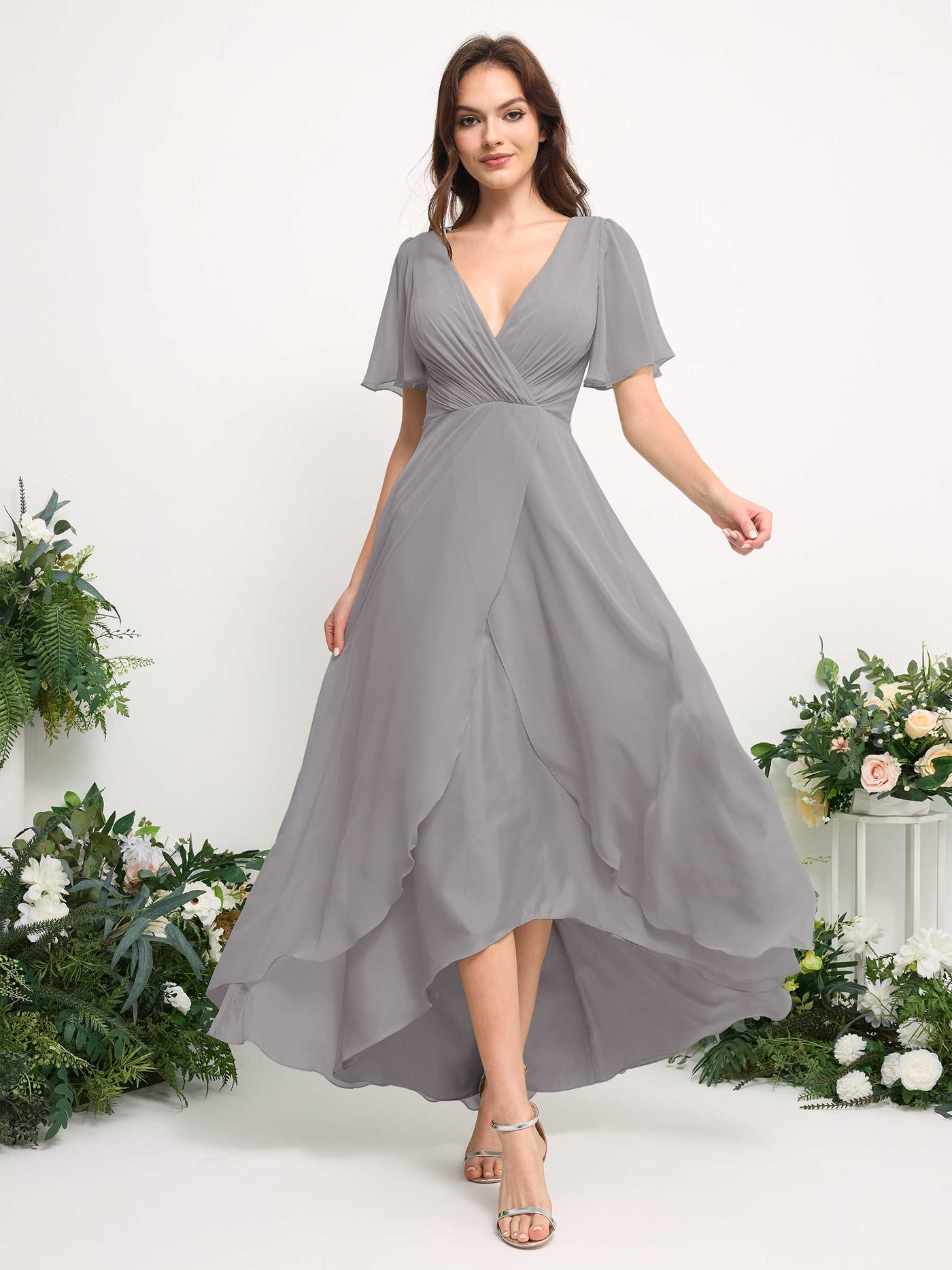 A-Line Asymmetric Chiffon Maxi Dress | V-Neck Short Sleeve Bridesmaid & Wedding Guest Dress #color_dove