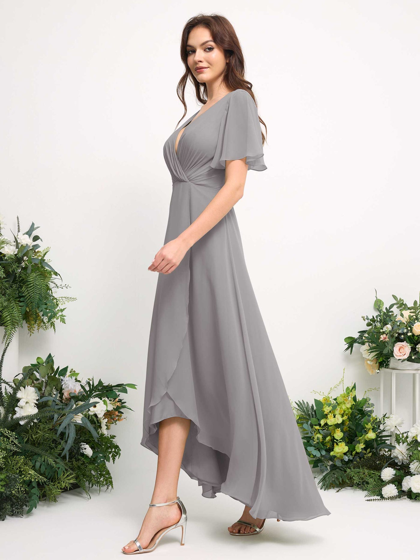 A-Line Asymmetric Chiffon Maxi Dress | V-Neck Short Sleeve Bridesmaid & Wedding Guest Dress #color_dove