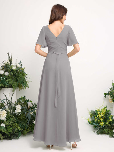 A-Line Asymmetric Chiffon Maxi Dress | V-Neck Short Sleeve Bridesmaid & Wedding Guest Dress #color_dove