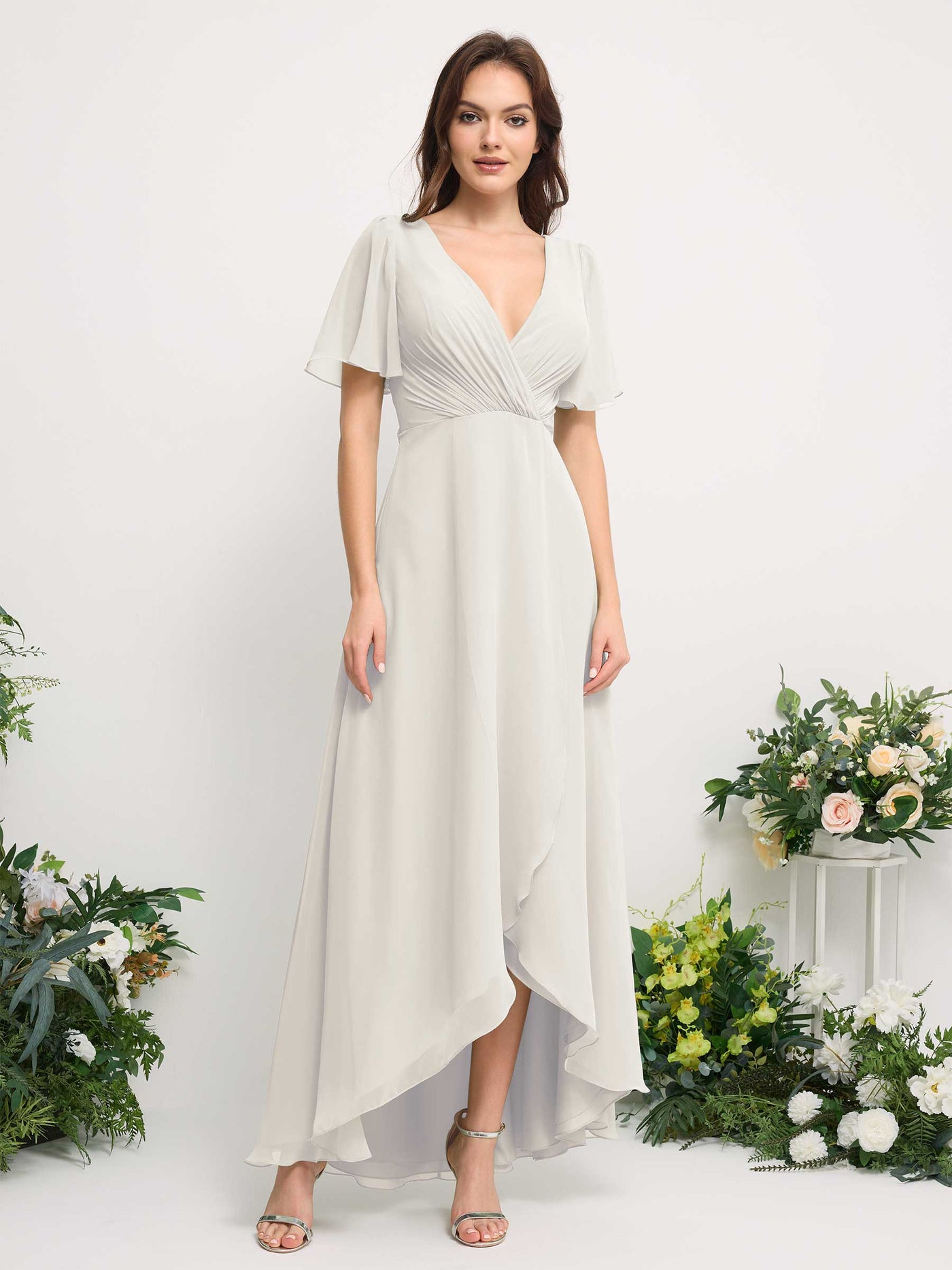 A-Line Asymmetric Chiffon Maxi Dress | V-Neck Short Sleeve Bridesmaid & Wedding Guest Dress #color_ivory