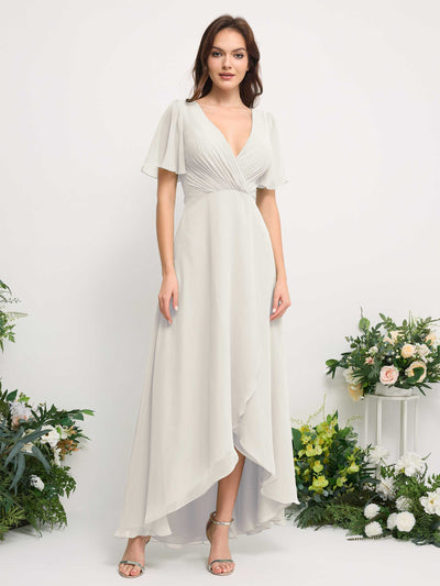 A-Line Asymmetric Chiffon Maxi Dress | V-Neck Short Sleeve Bridesmaid & Wedding Guest Dress #color_ivory