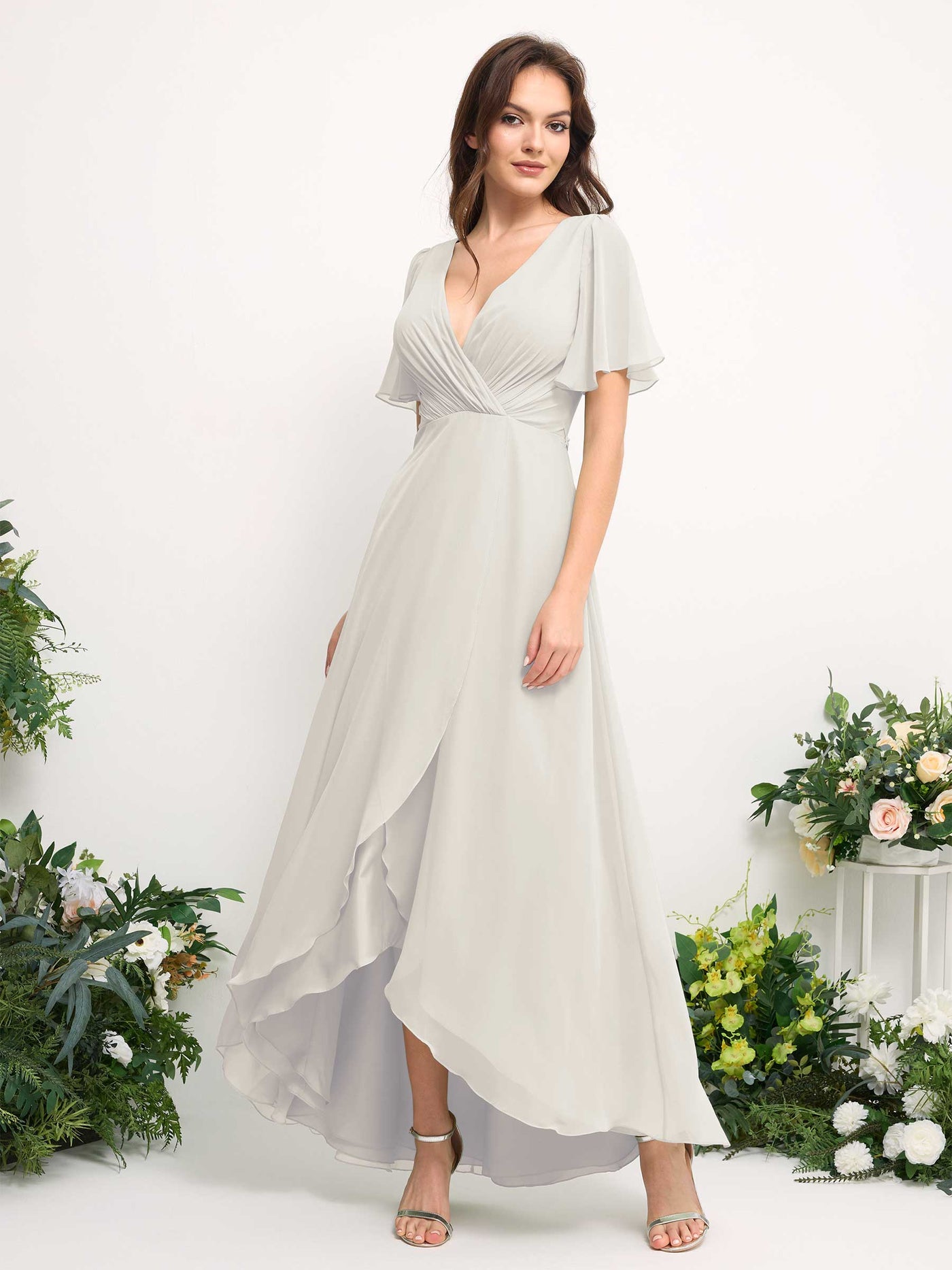 A-Line Asymmetric Chiffon Maxi Dress | V-Neck Short Sleeve Bridesmaid & Wedding Guest Dress #color_ivory