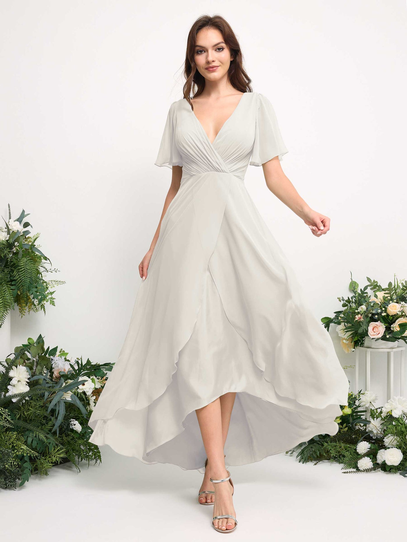 A-Line Asymmetric Chiffon Maxi Dress | V-Neck Short Sleeve Bridesmaid & Wedding Guest Dress #color_ivory