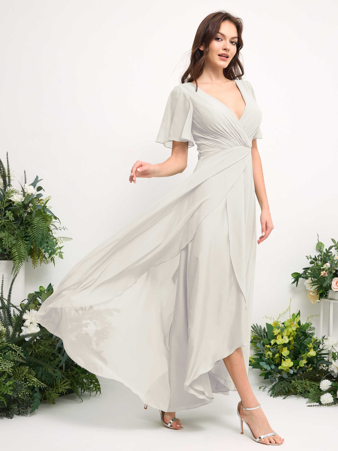 A-Line Asymmetric Chiffon Maxi Dress | V-Neck Short Sleeve Bridesmaid & Wedding Guest Dress #color_ivory
