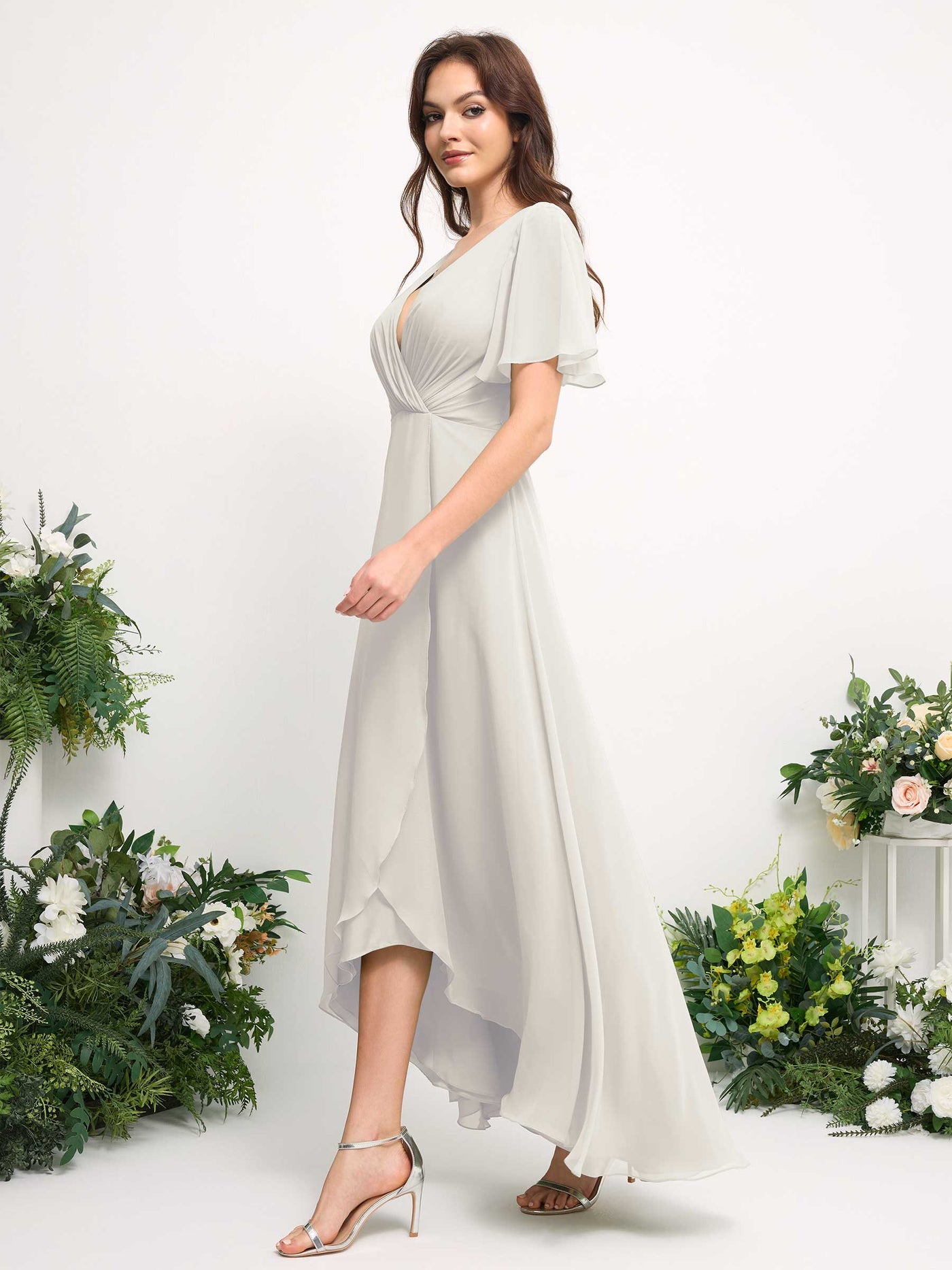 A-Line Asymmetric Chiffon Maxi Dress | V-Neck Short Sleeve Bridesmaid & Wedding Guest Dress #color_ivory