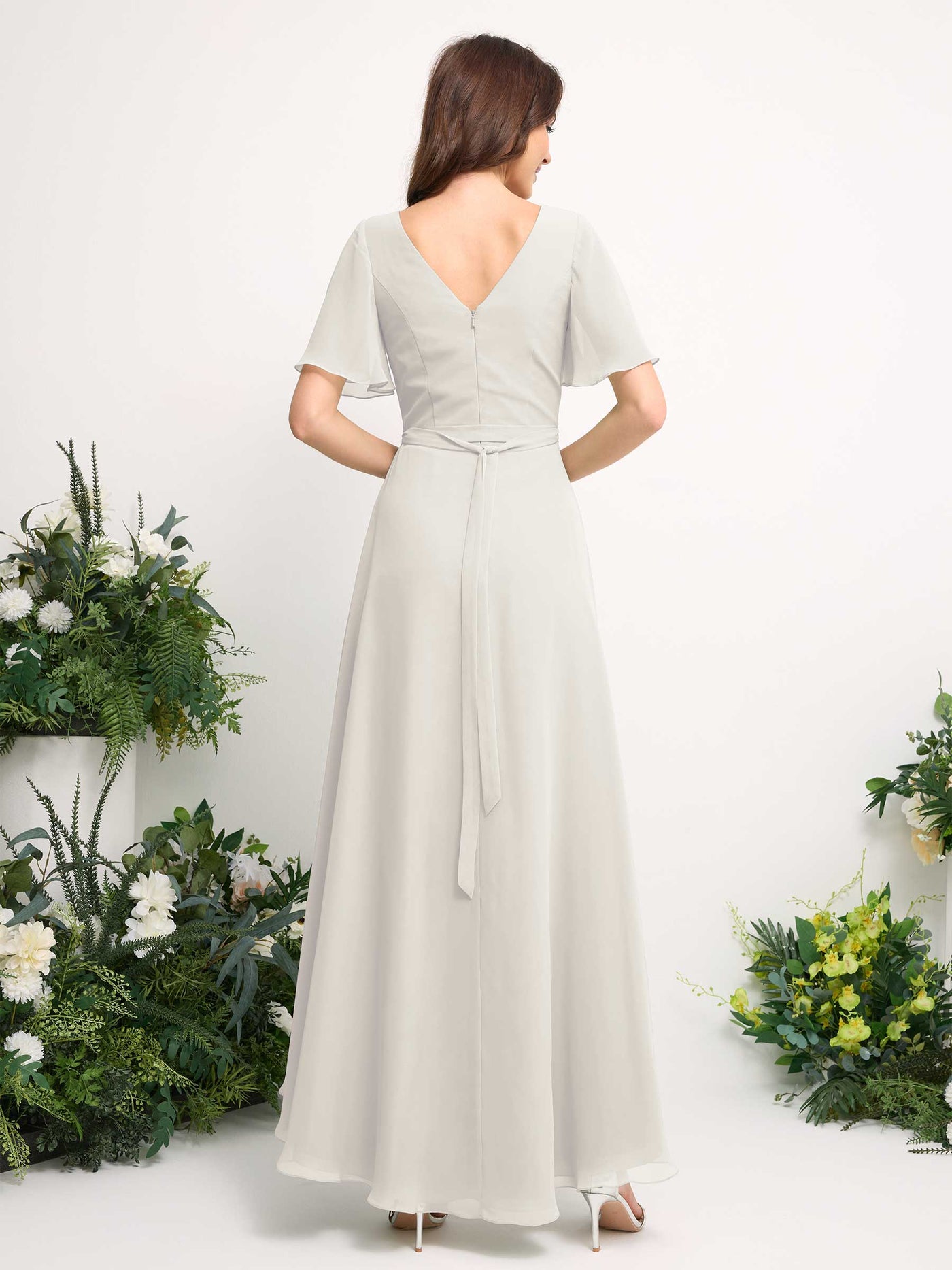 A-Line Asymmetric Chiffon Maxi Dress | V-Neck Short Sleeve Bridesmaid & Wedding Guest Dress #color_ivory