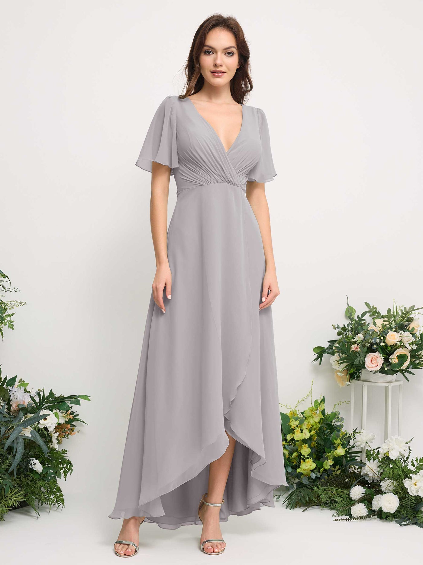 A-Line Asymmetric Chiffon Maxi Dress | V-Neck Short Sleeve Bridesmaid & Wedding Guest Dress #color_silver