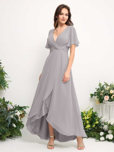 A-Line Asymmetric Chiffon Maxi Dress | V-Neck Short Sleeve Bridesmaid & Wedding Guest Dress #color_silver