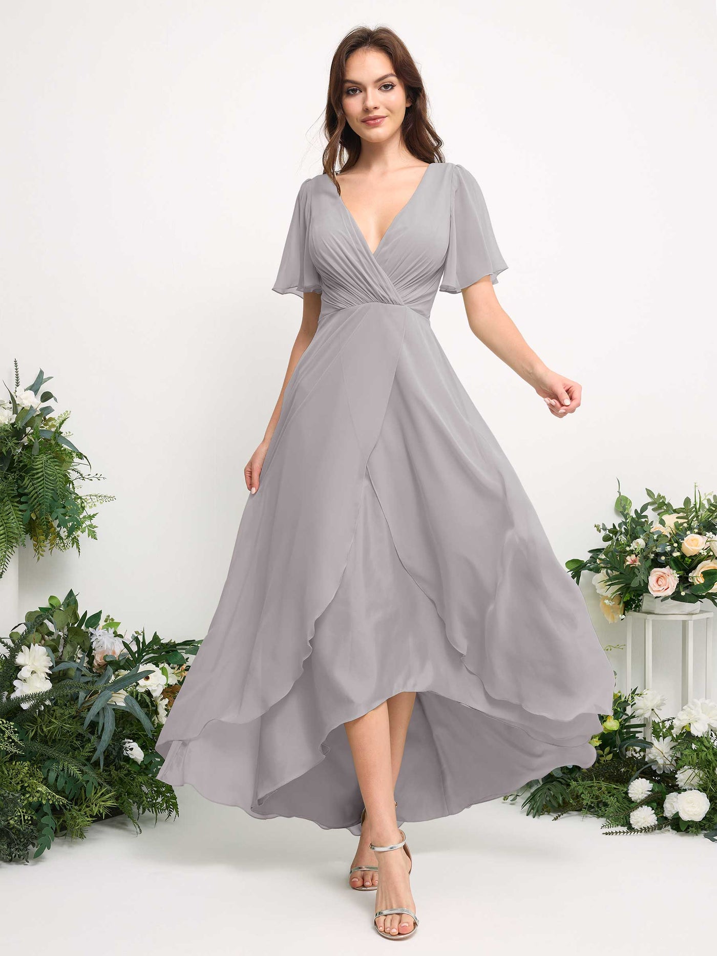 A-Line Asymmetric Chiffon Maxi Dress | V-Neck Short Sleeve Bridesmaid & Wedding Guest Dress #color_silver