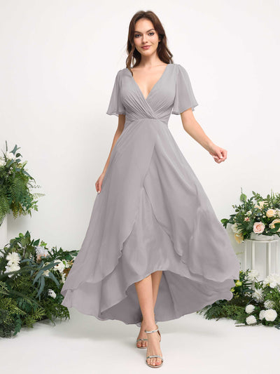 A-Line Asymmetric Chiffon Maxi Dress | V-Neck Short Sleeve Bridesmaid & Wedding Guest Dress #color_silver