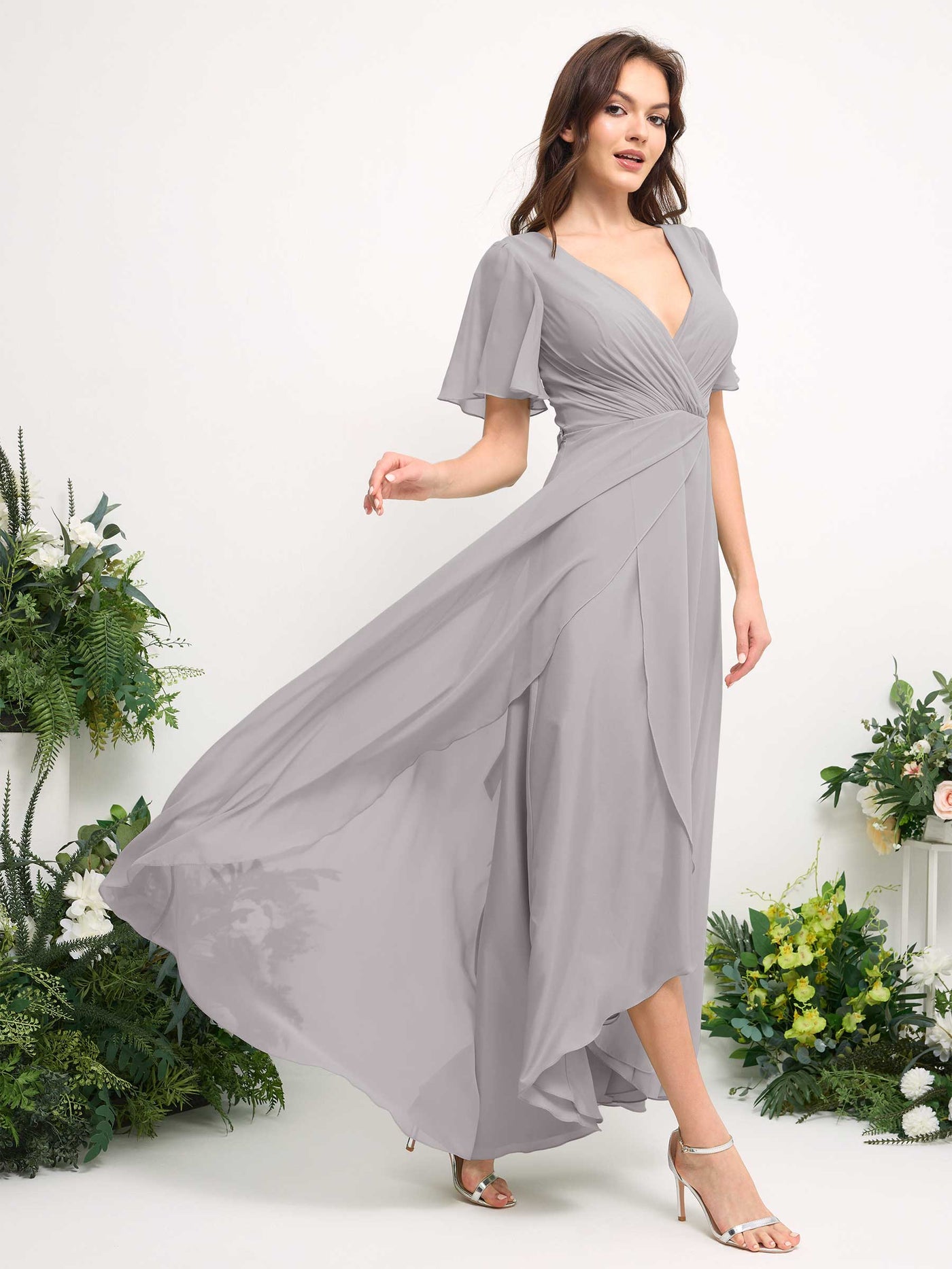 A-Line Asymmetric Chiffon Maxi Dress | V-Neck Short Sleeve Bridesmaid & Wedding Guest Dress #color_silver