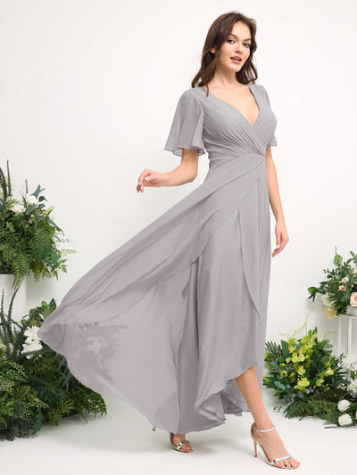 A-Line Asymmetric Chiffon Maxi Dress | V-Neck Short Sleeve Bridesmaid & Wedding Guest Dress #color_silver