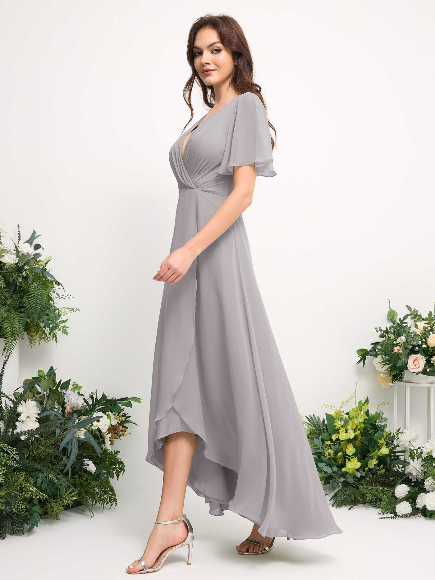 A-Line Asymmetric Chiffon Maxi Dress | V-Neck Short Sleeve Bridesmaid & Wedding Guest Dress #color_silver