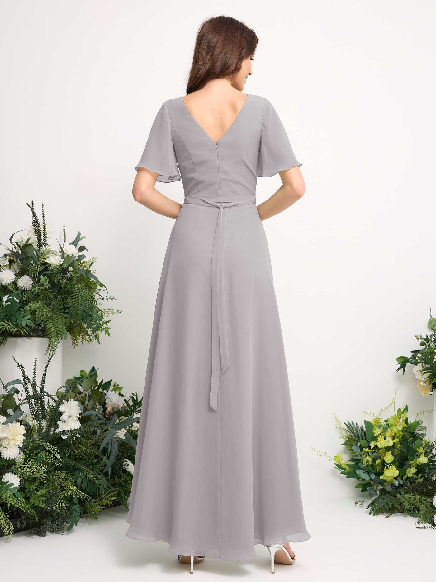 A-Line Asymmetric Chiffon Maxi Dress | V-Neck Short Sleeve Bridesmaid & Wedding Guest Dress #color_silver