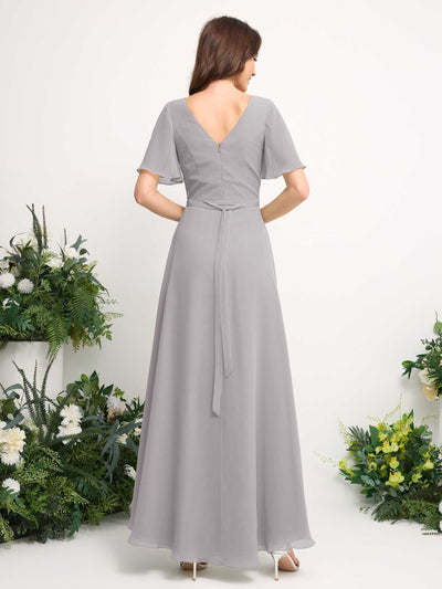 A-Line Asymmetric Chiffon Maxi Dress | V-Neck Short Sleeve Bridesmaid & Wedding Guest Dress #color_silver
