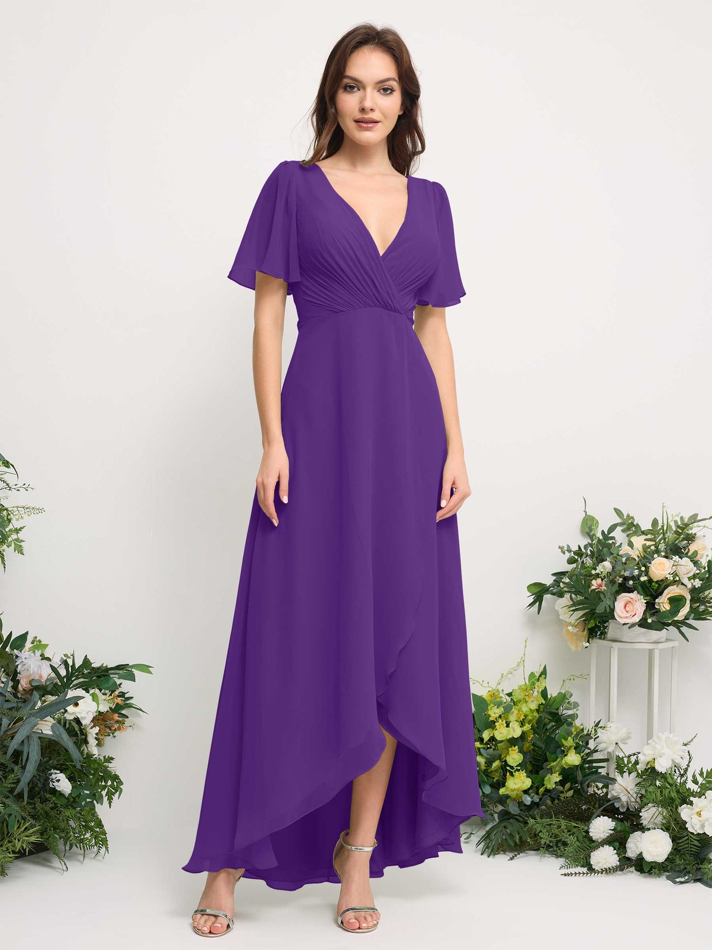 A-Line Asymmetric Chiffon Maxi Dress | V-Neck Short Sleeve Bridesmaid & Wedding Guest Dress #color_regency