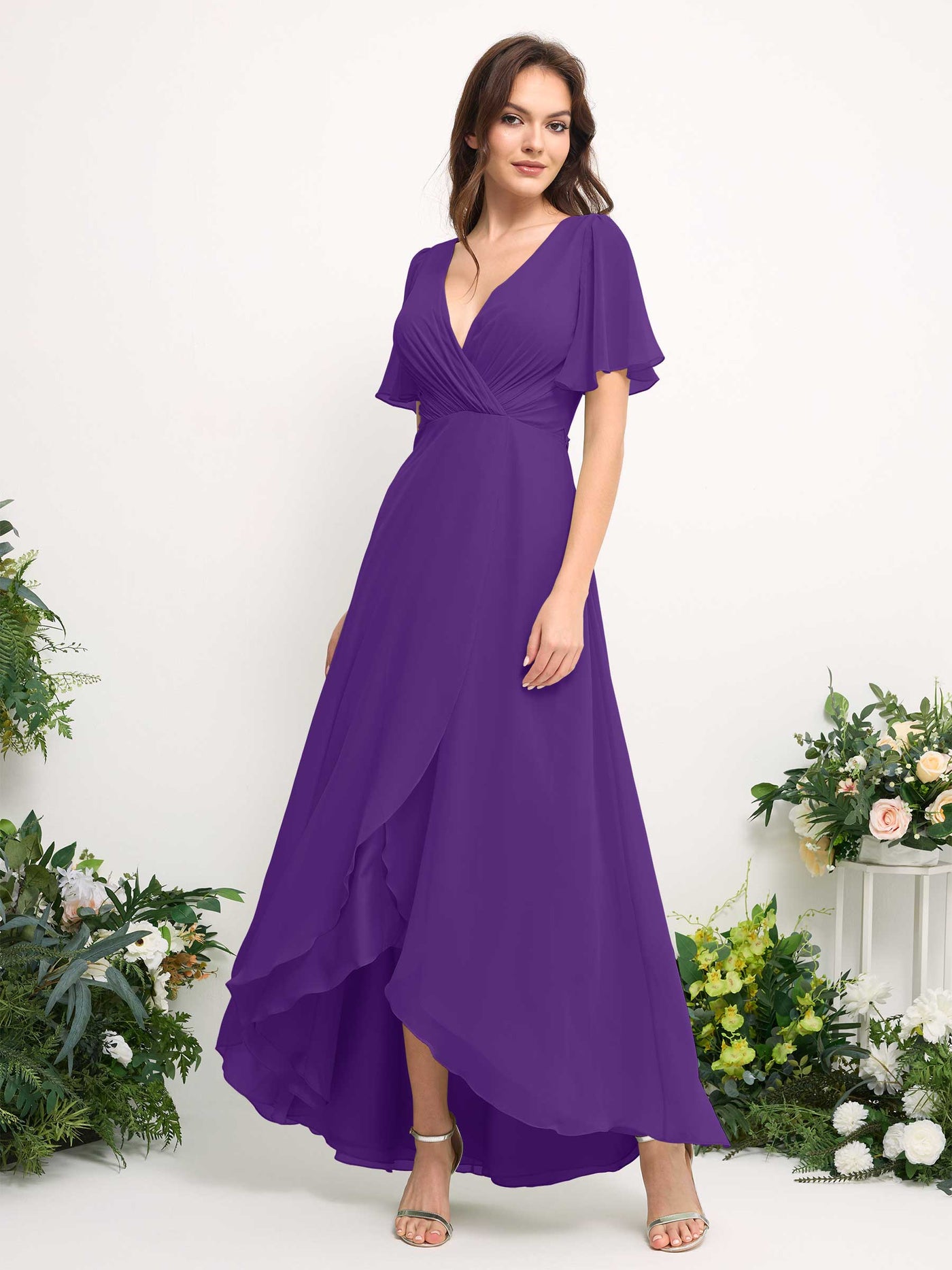 A-Line Asymmetric Chiffon Maxi Dress | V-Neck Short Sleeve Bridesmaid & Wedding Guest Dress #color_regency