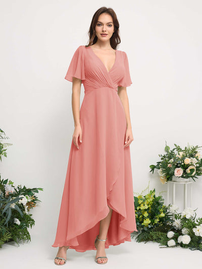 A-Line Asymmetric Chiffon Maxi Dress | V-Neck Short Sleeve Bridesmaid & Wedding Guest Dress #color_peach-pink