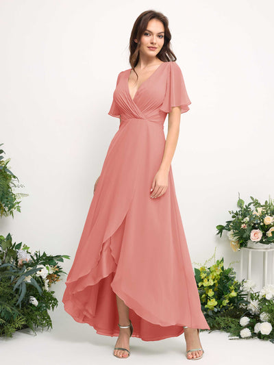 A-Line Asymmetric Chiffon Maxi Dress | V-Neck Short Sleeve Bridesmaid & Wedding Guest Dress #color_peach-pink