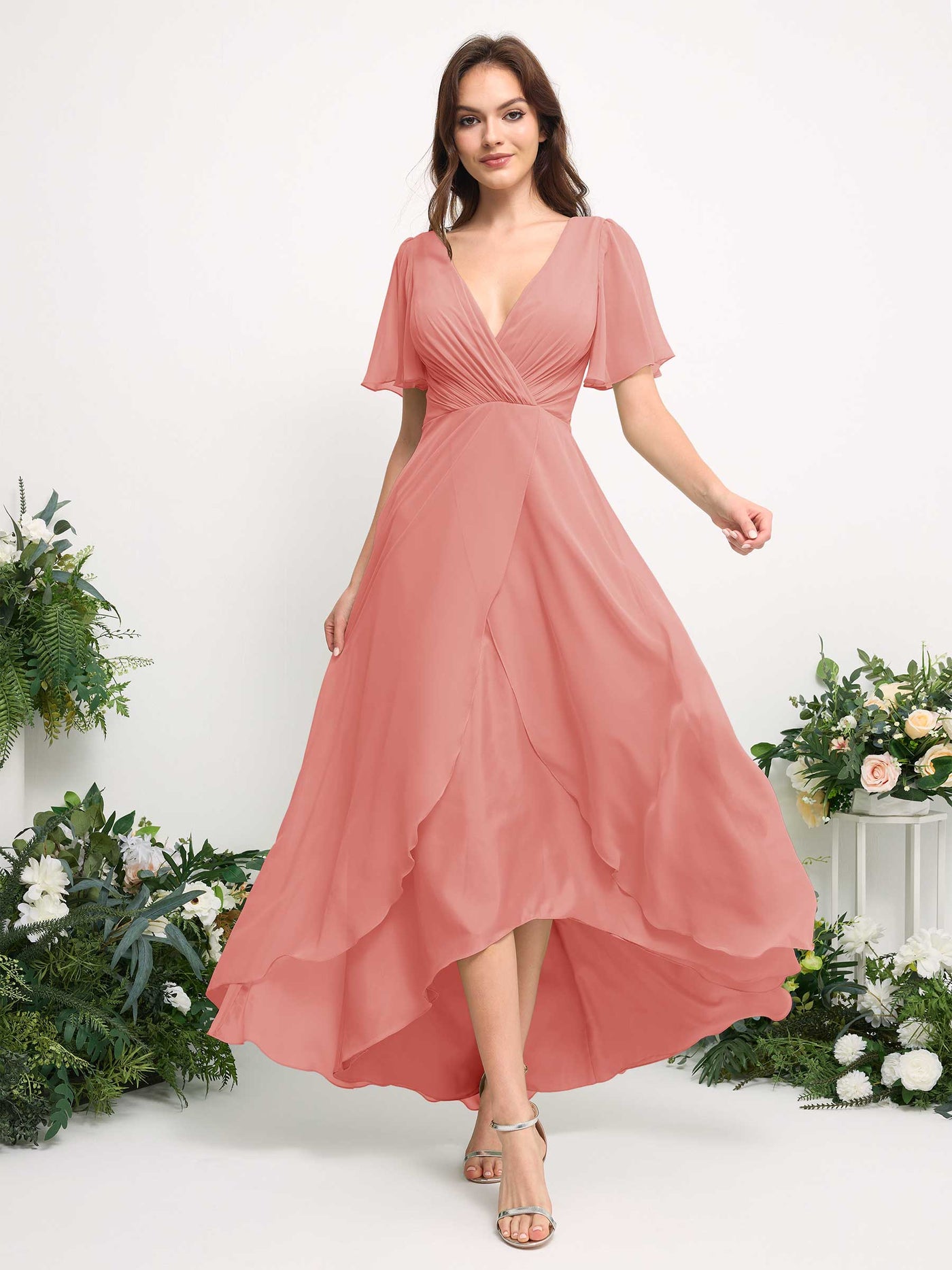 A-Line Asymmetric Chiffon Maxi Dress | V-Neck Short Sleeve Bridesmaid & Wedding Guest Dress #color_peach-pink