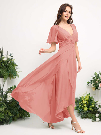 A-Line Asymmetric Chiffon Maxi Dress | V-Neck Short Sleeve Bridesmaid & Wedding Guest Dress #color_peach-pink