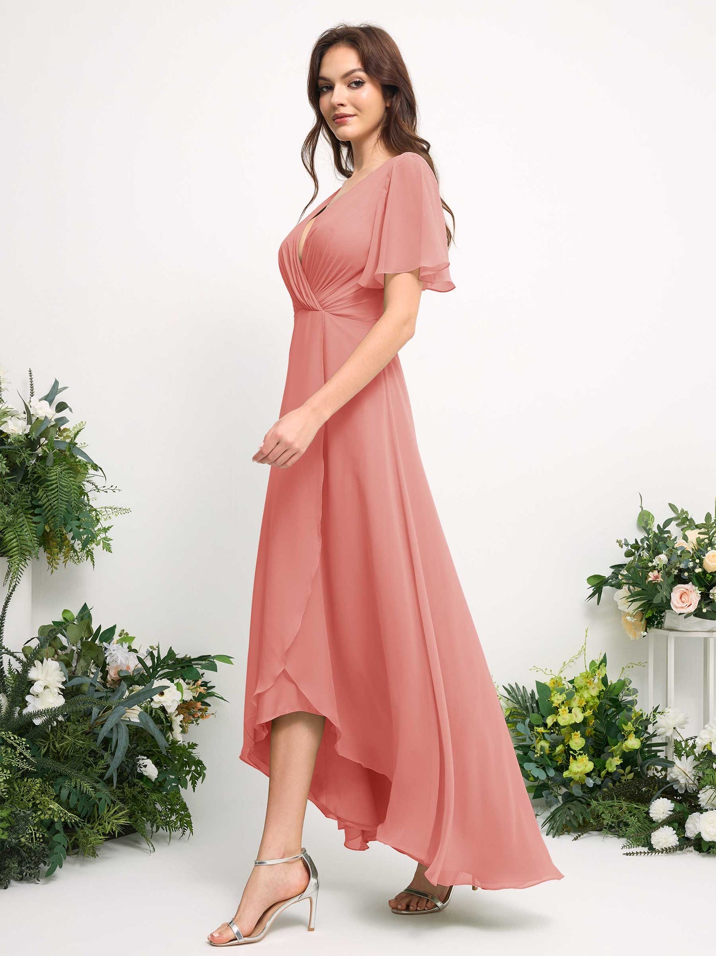 A-Line Asymmetric Chiffon Maxi Dress | V-Neck Short Sleeve Bridesmaid & Wedding Guest Dress #color_peach-pink
