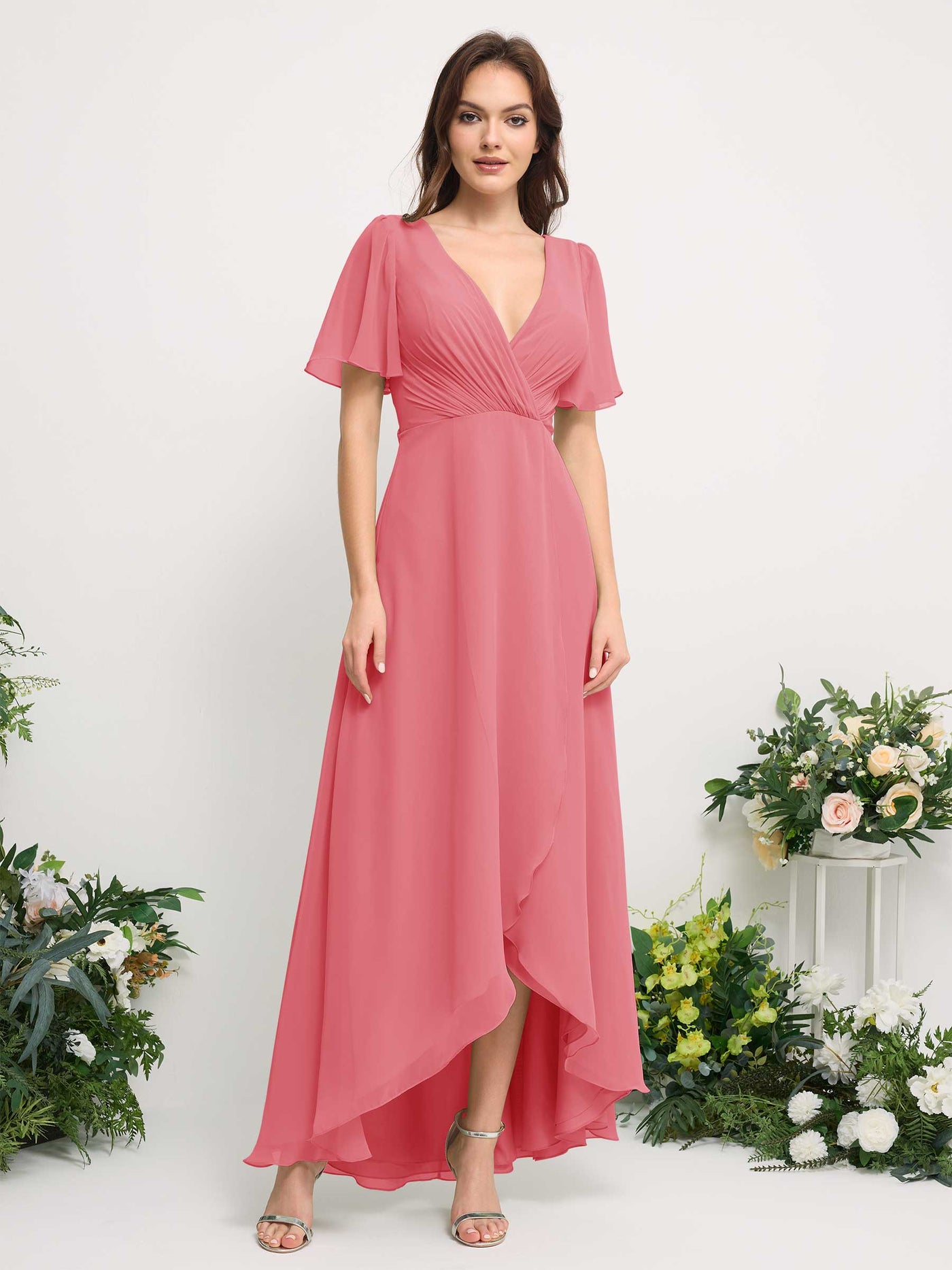 A-Line Asymmetric Chiffon Maxi Dress | V-Neck Short Sleeve Bridesmaid & Wedding Guest Dress #color_coral-pink