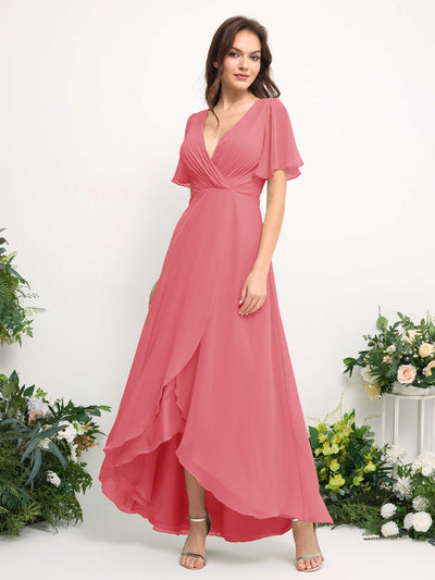 A-Line Asymmetric Chiffon Maxi Dress | V-Neck Short Sleeve Bridesmaid & Wedding Guest Dress #color_coral-pink