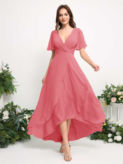 A-Line Asymmetric Chiffon Maxi Dress | V-Neck Short Sleeve Bridesmaid & Wedding Guest Dress #color_coral-pink