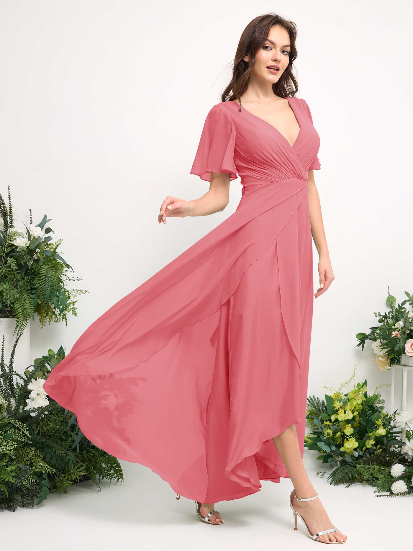 A-Line Asymmetric Chiffon Maxi Dress | V-Neck Short Sleeve Bridesmaid & Wedding Guest Dress #color_coral-pink