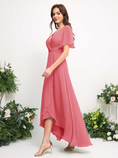 A-Line Asymmetric Chiffon Maxi Dress | V-Neck Short Sleeve Bridesmaid & Wedding Guest Dress #color_coral-pink