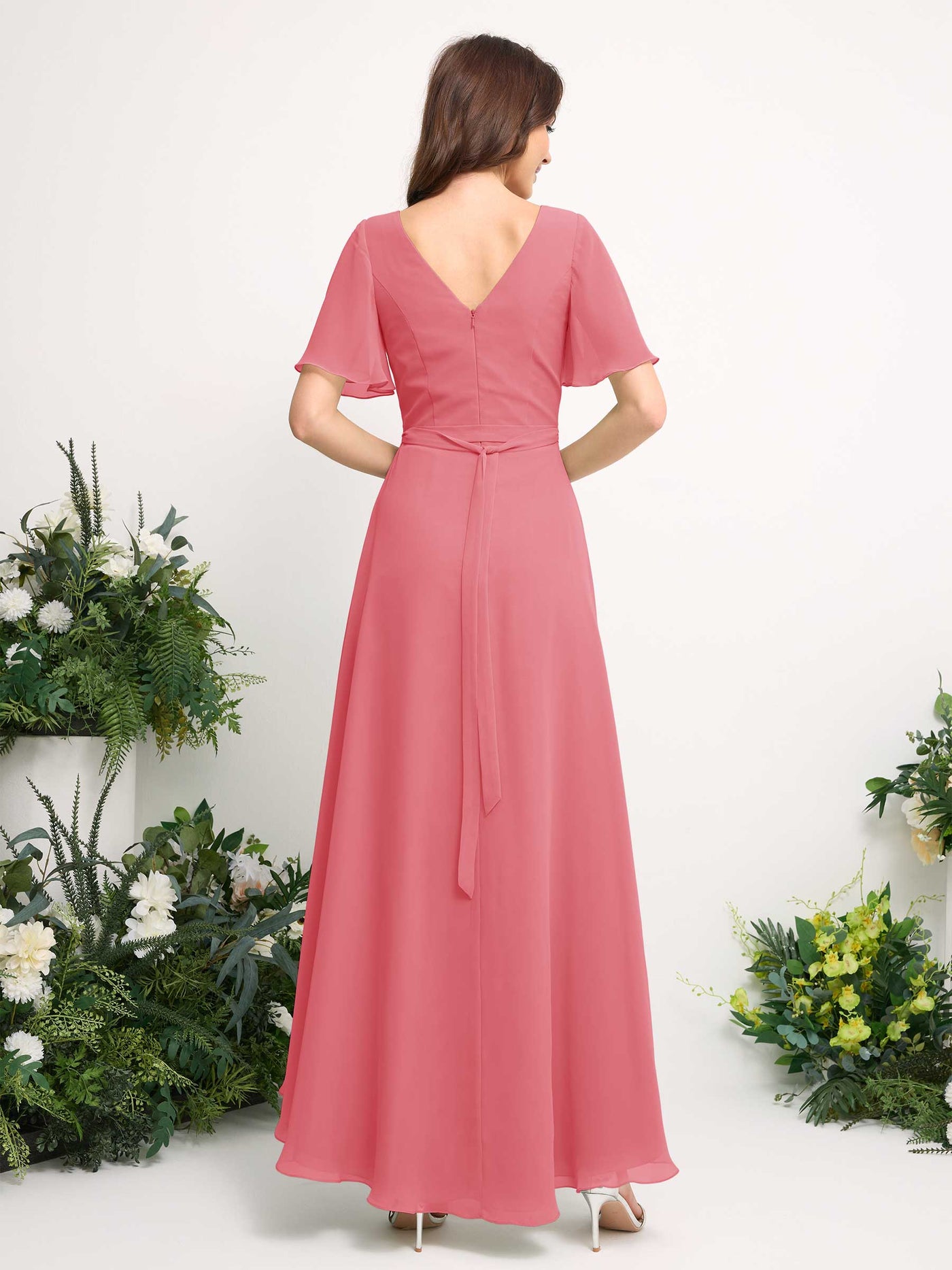 A-Line Asymmetric Chiffon Maxi Dress | V-Neck Short Sleeve Bridesmaid & Wedding Guest Dress #color_coral-pink