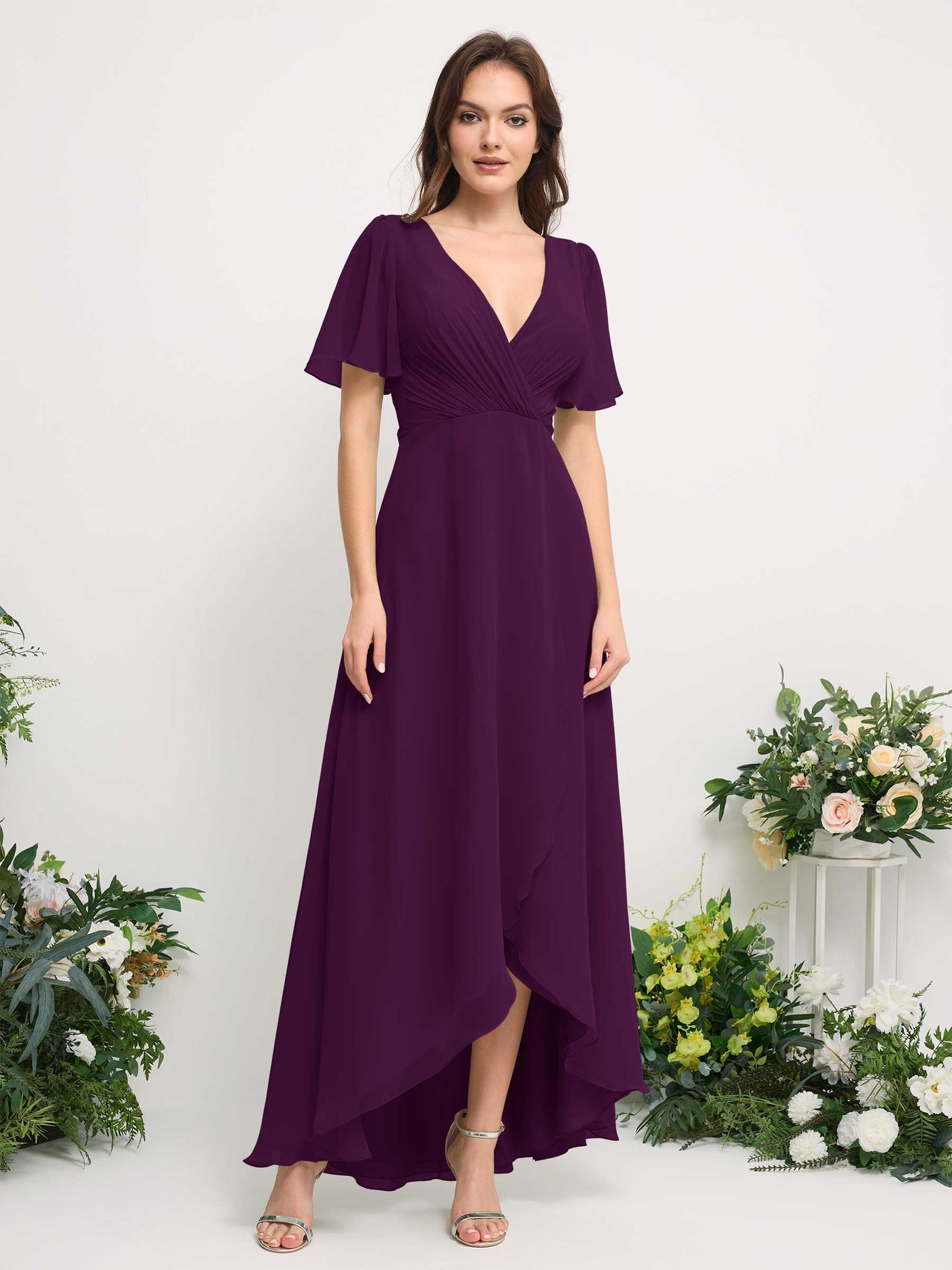 A-Line Asymmetric Chiffon Maxi Dress | V-Neck Short Sleeve Bridesmaid & Wedding Guest Dress #color_grape