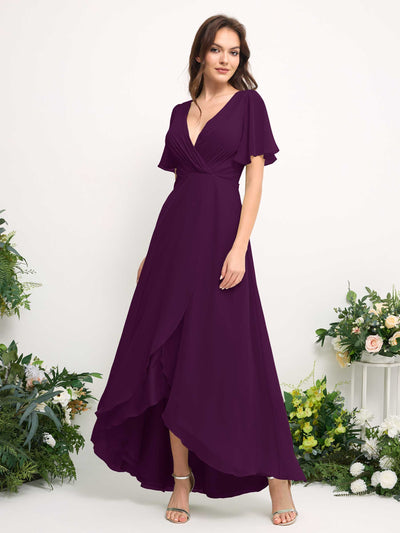 A-Line Asymmetric Chiffon Maxi Dress | V-Neck Short Sleeve Bridesmaid & Wedding Guest Dress #color_grape
