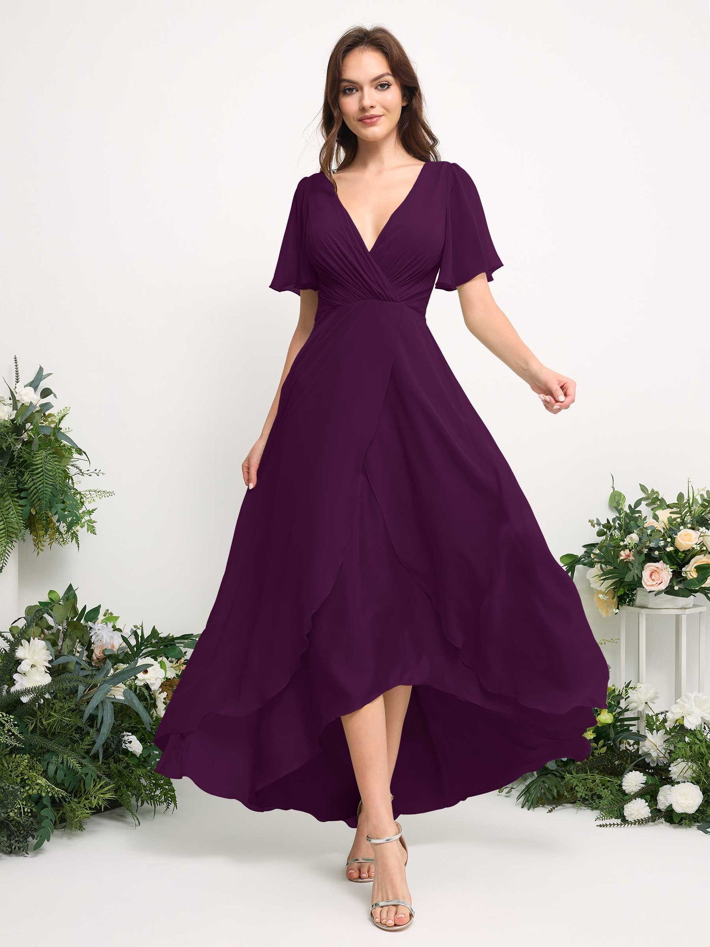 A-Line Asymmetric Chiffon Maxi Dress | V-Neck Short Sleeve Bridesmaid & Wedding Guest Dress #color_grape