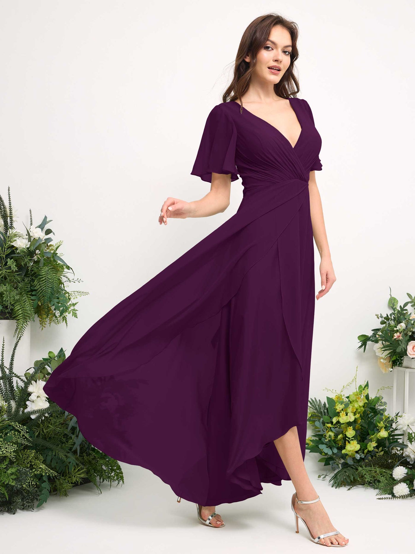 A-Line Asymmetric Chiffon Maxi Dress | V-Neck Short Sleeve Bridesmaid & Wedding Guest Dress #color_grape