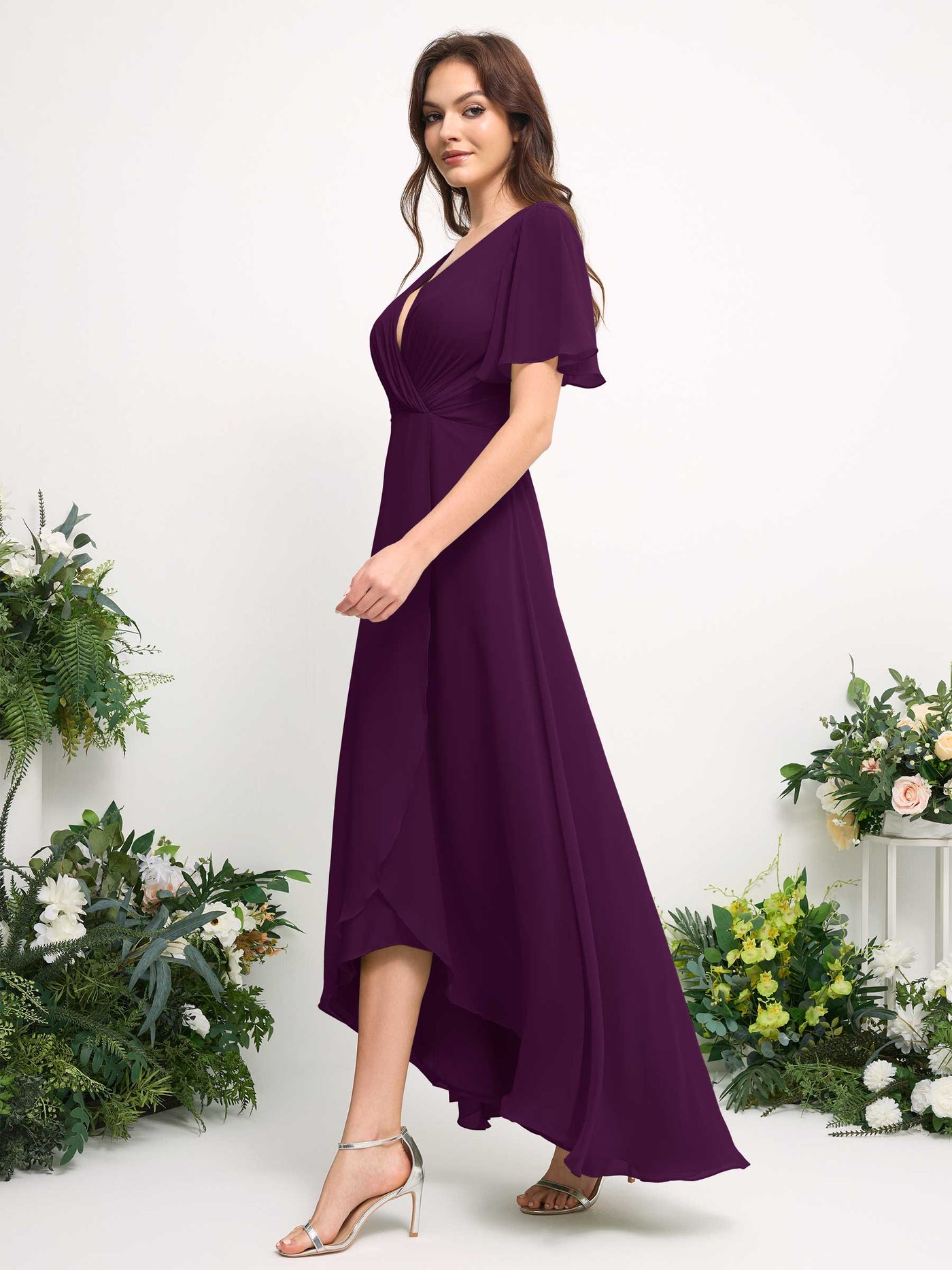 A-Line Asymmetric Chiffon Maxi Dress | V-Neck Short Sleeve Bridesmaid & Wedding Guest Dress #color_grape
