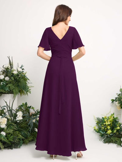 A-Line Asymmetric Chiffon Maxi Dress | V-Neck Short Sleeve Bridesmaid & Wedding Guest Dress #color_grape