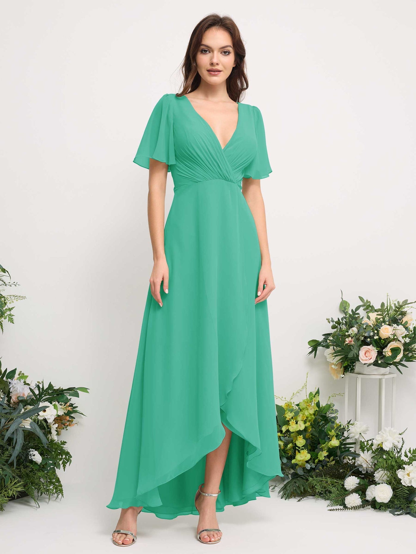 A-Line Asymmetric Chiffon Maxi Dress | V-Neck Short Sleeve Bridesmaid & Wedding Guest Dress #color_tiffany