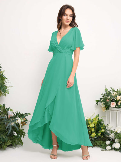 A-Line Asymmetric Chiffon Maxi Dress | V-Neck Short Sleeve Bridesmaid & Wedding Guest Dress #color_tiffany