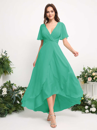 A-Line Asymmetric Chiffon Maxi Dress | V-Neck Short Sleeve Bridesmaid & Wedding Guest Dress #color_tiffany