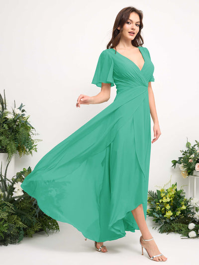 A-Line Asymmetric Chiffon Maxi Dress | V-Neck Short Sleeve Bridesmaid & Wedding Guest Dress #color_tiffany