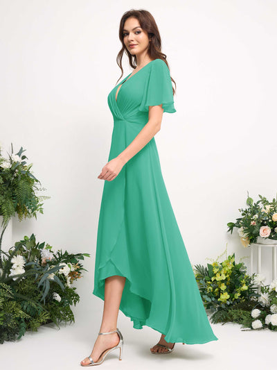 A-Line Asymmetric Chiffon Maxi Dress | V-Neck Short Sleeve Bridesmaid & Wedding Guest Dress #color_tiffany