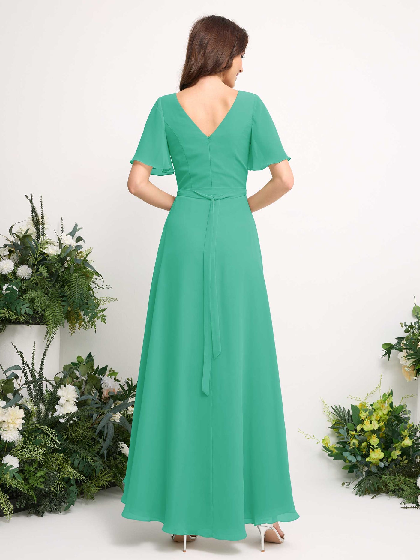 A-Line Asymmetric Chiffon Maxi Dress | V-Neck Short Sleeve Bridesmaid & Wedding Guest Dress #color_tiffany