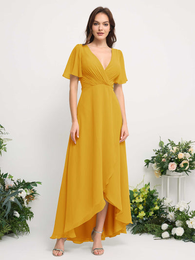A-Line Asymmetric Chiffon Maxi Dress | V-Neck Short Sleeve Bridesmaid & Wedding Guest Dress #color_mustard-yellow
