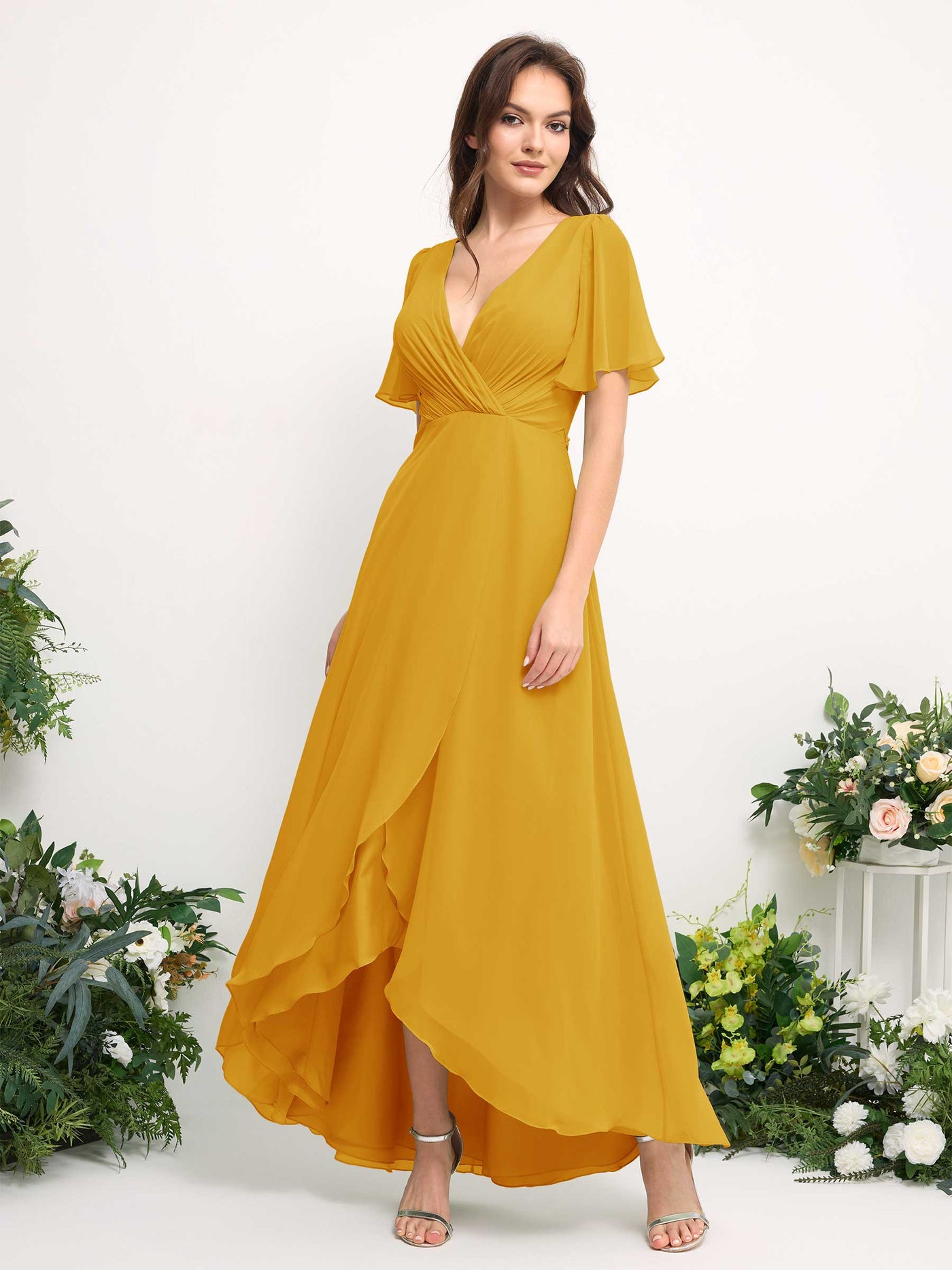 A-Line Asymmetric Chiffon Maxi Dress | V-Neck Short Sleeve Bridesmaid & Wedding Guest Dress #color_mustard-yellow